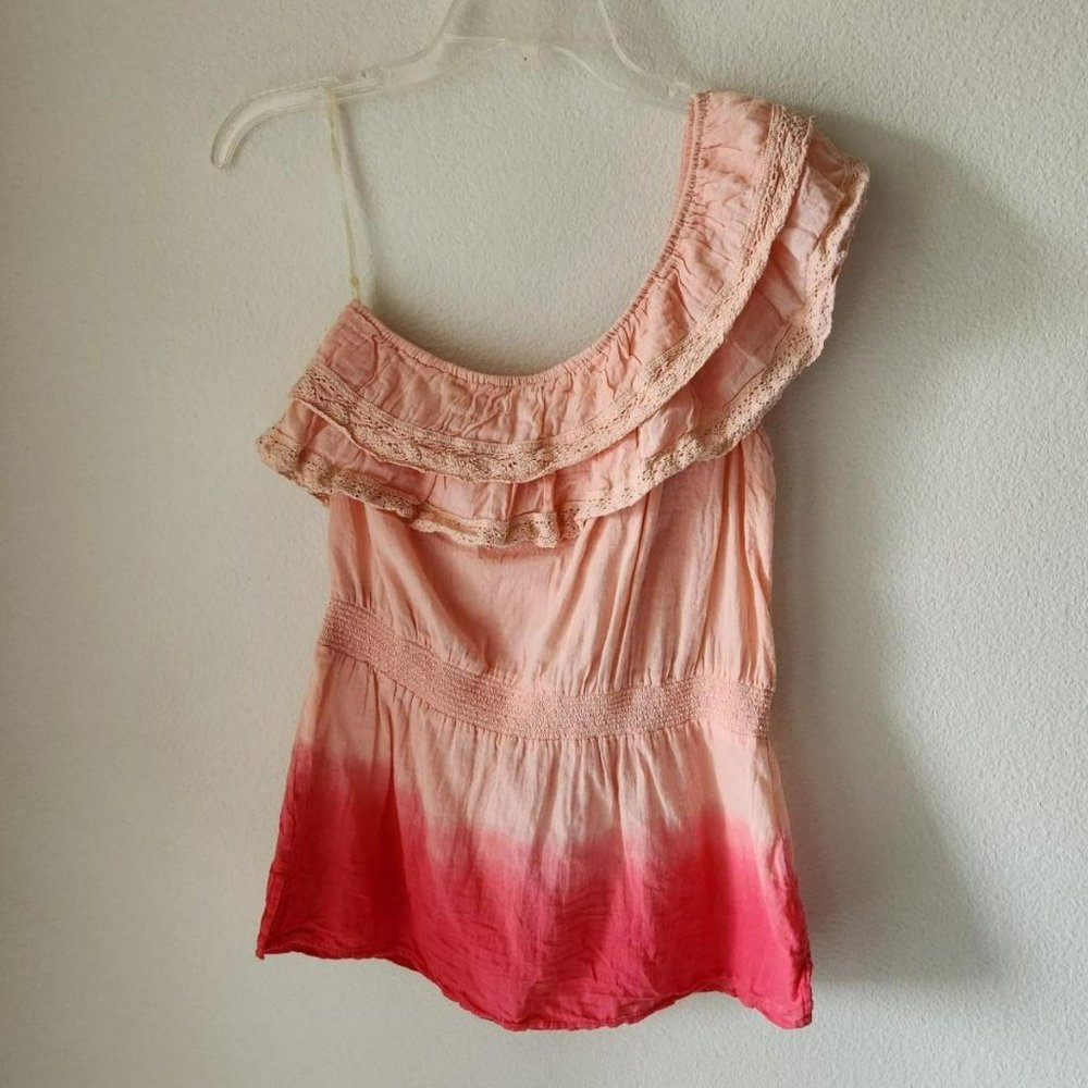 True Freedom pink coral gauze top Sz M Ombre Boho Cottage Ruffles One Shoulder